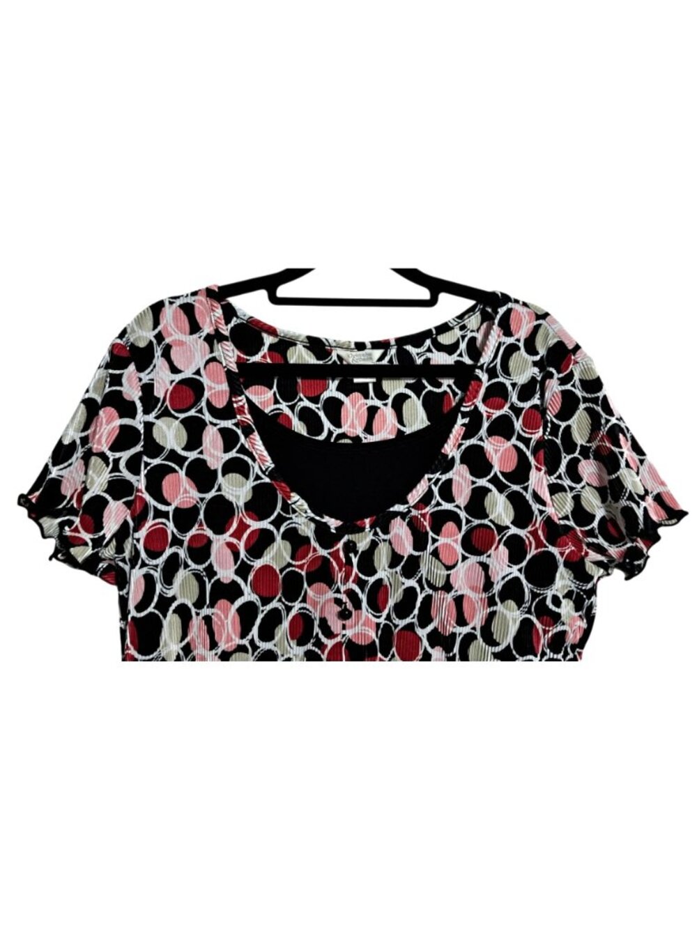 Y2K Christopher & Banks Womens Medium Circle Print Top Black Red Stretch Going O - Picture 3 of 8